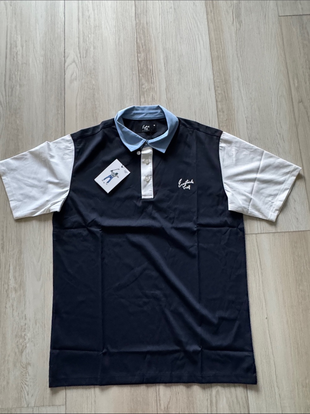 Men's Navy Polo with Light Blue Collar and White Sleeves - Casual Script Logo